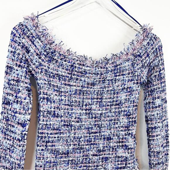 NWT ZARA Frayed Tweed Off the Shoulder Frayed Top S Blue - Picture 4 of 9